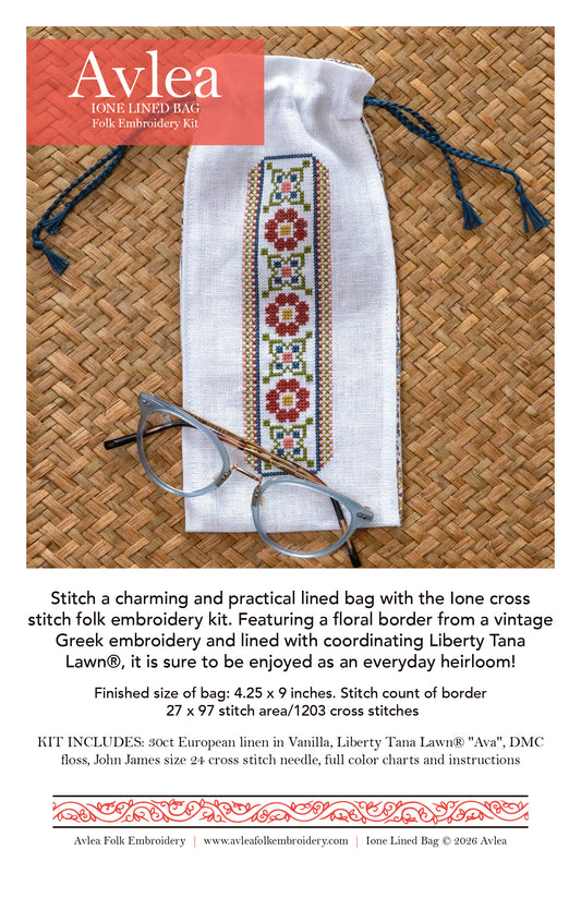 Ione cross stitch folk embroidery lined bag with coordinating Liberty® print lining fabric
