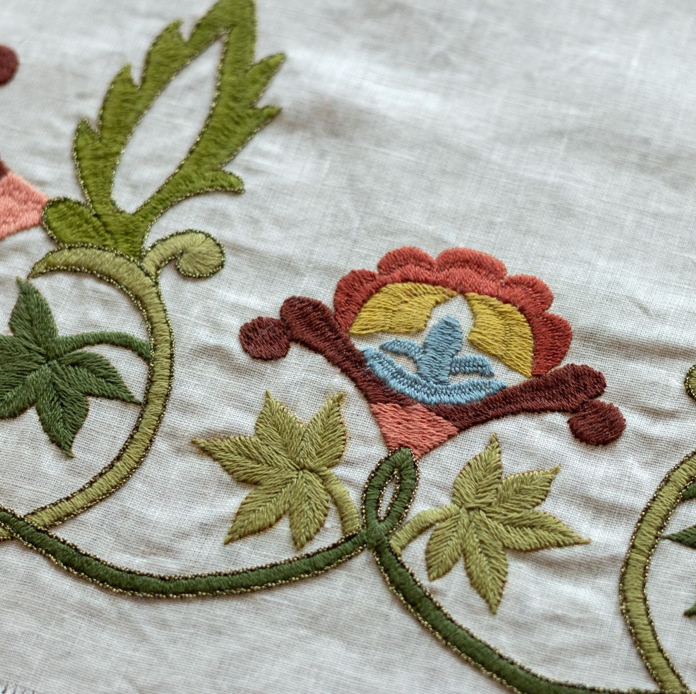embroidery table runner kit with floral designs closeup