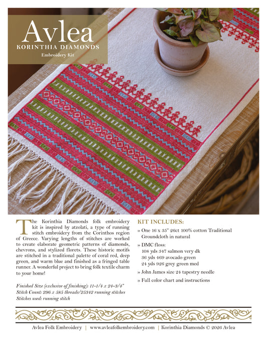 Korinthia Diamonds cross stitch folk embroidery table runner with atzolati diamonds in coral red, deep green and warm blue