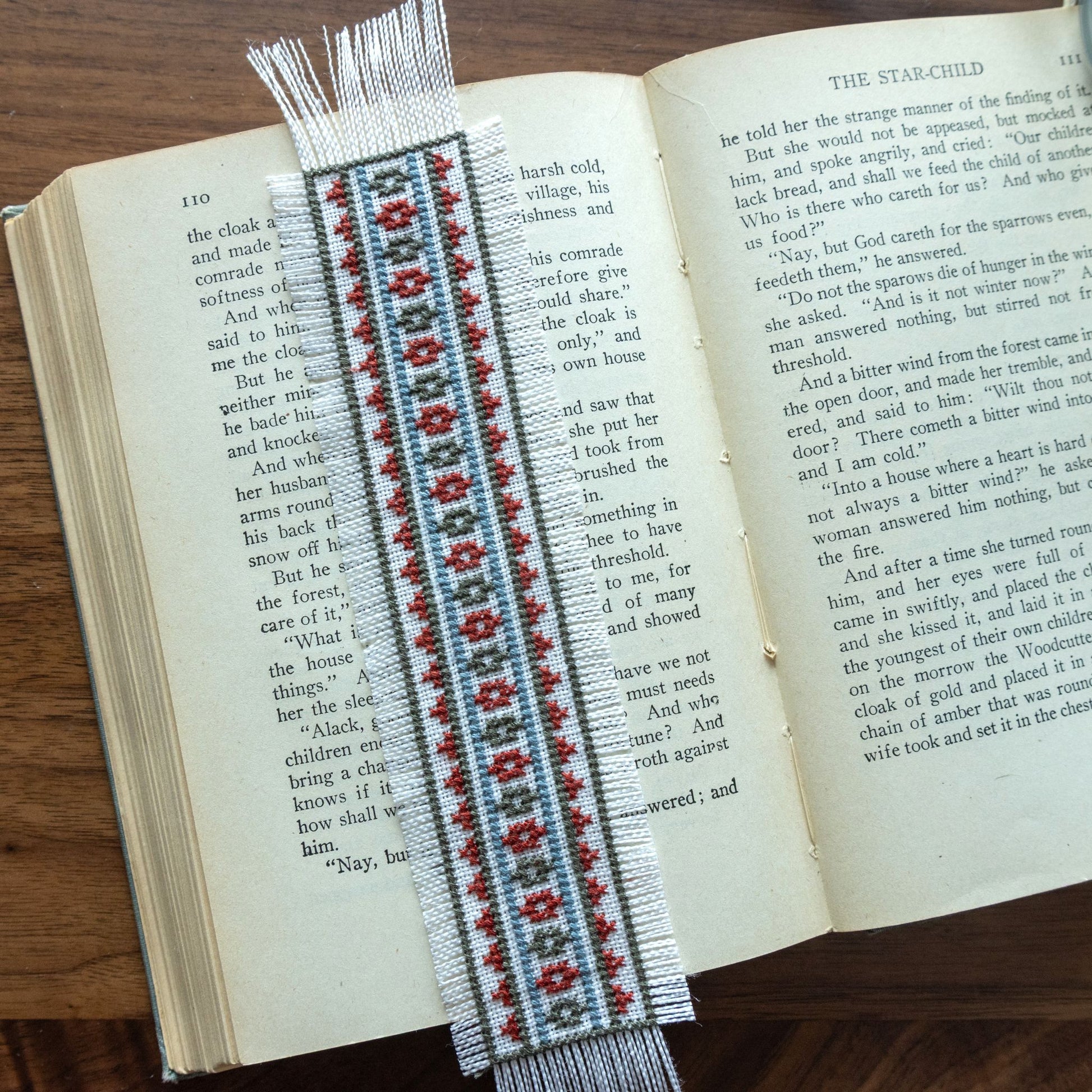 cross stitch bookmark on an open book