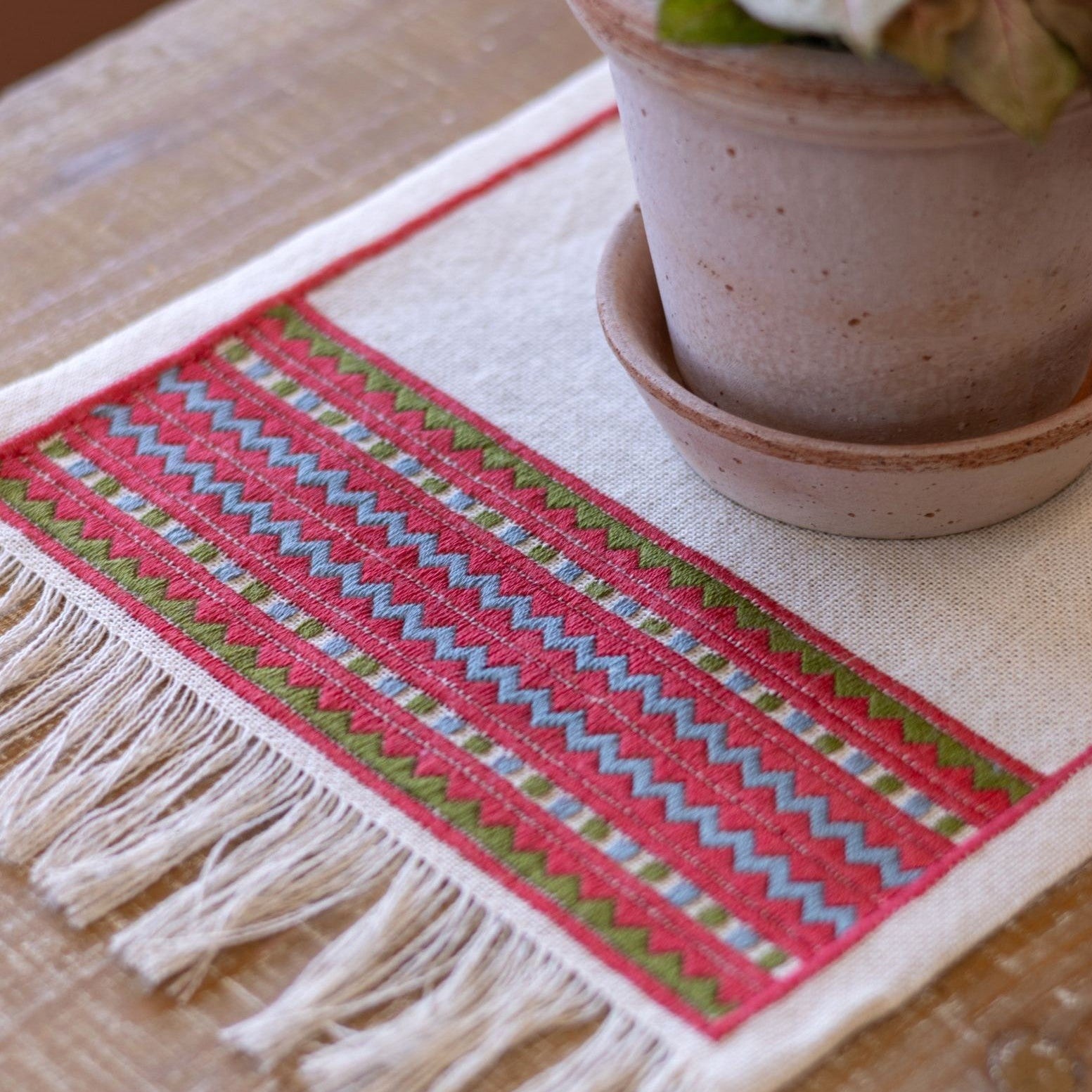 A close-up of an atzolati cross stitch folk embroidery textile with fringe, featuring a red border and geometric stripes in light blue and green, styled on a wooden table next to a potted plant.