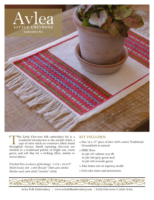 Front cover of Avlea Folk Embroidery Little Chevrons cross stitch folk embroidery kit pattern.