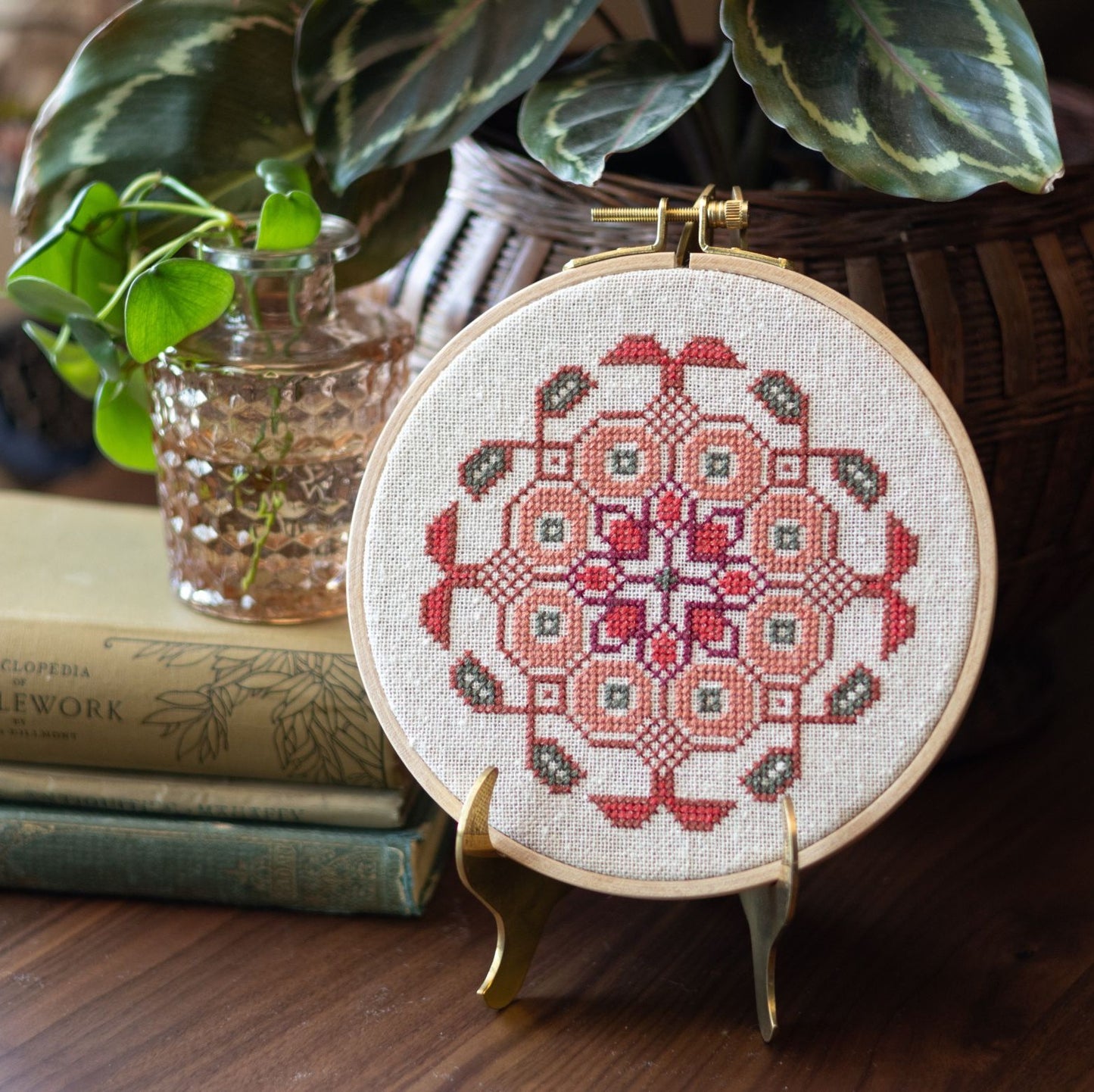 cross stitch hoop craft kit with mediterranean medallion design