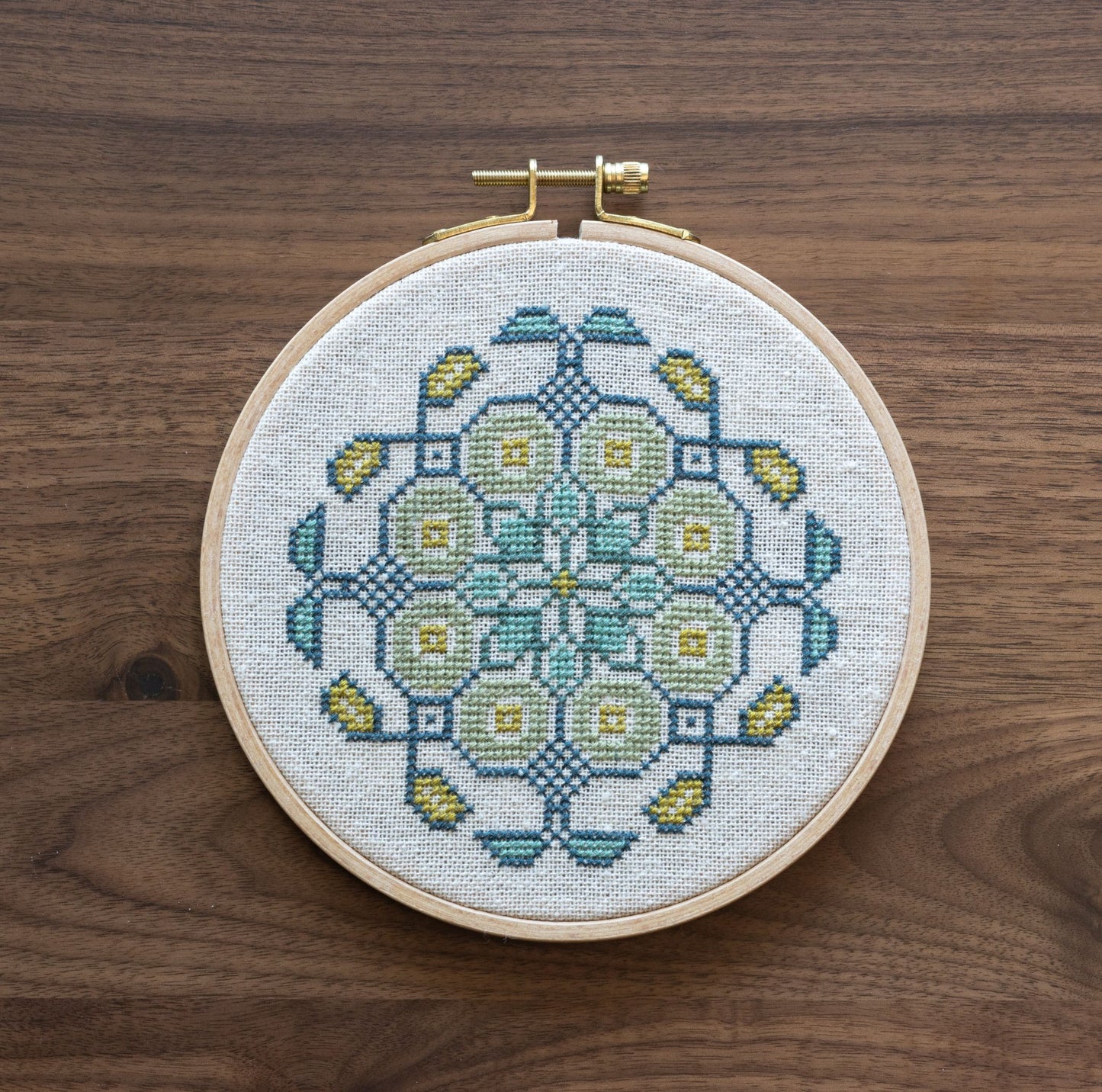 Mediterranean Medallion Celadon cross stitch hoop PDF pattern