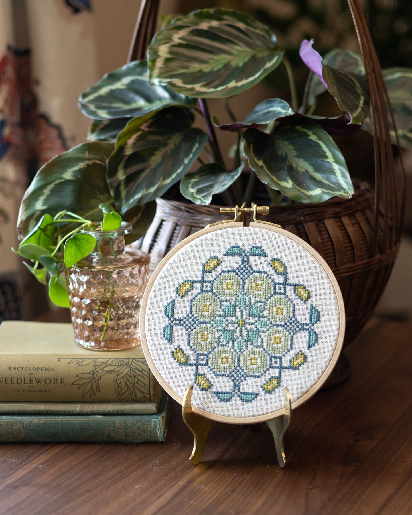 Mediterranean Medallion Celadon cross stitch hoop PDF pattern