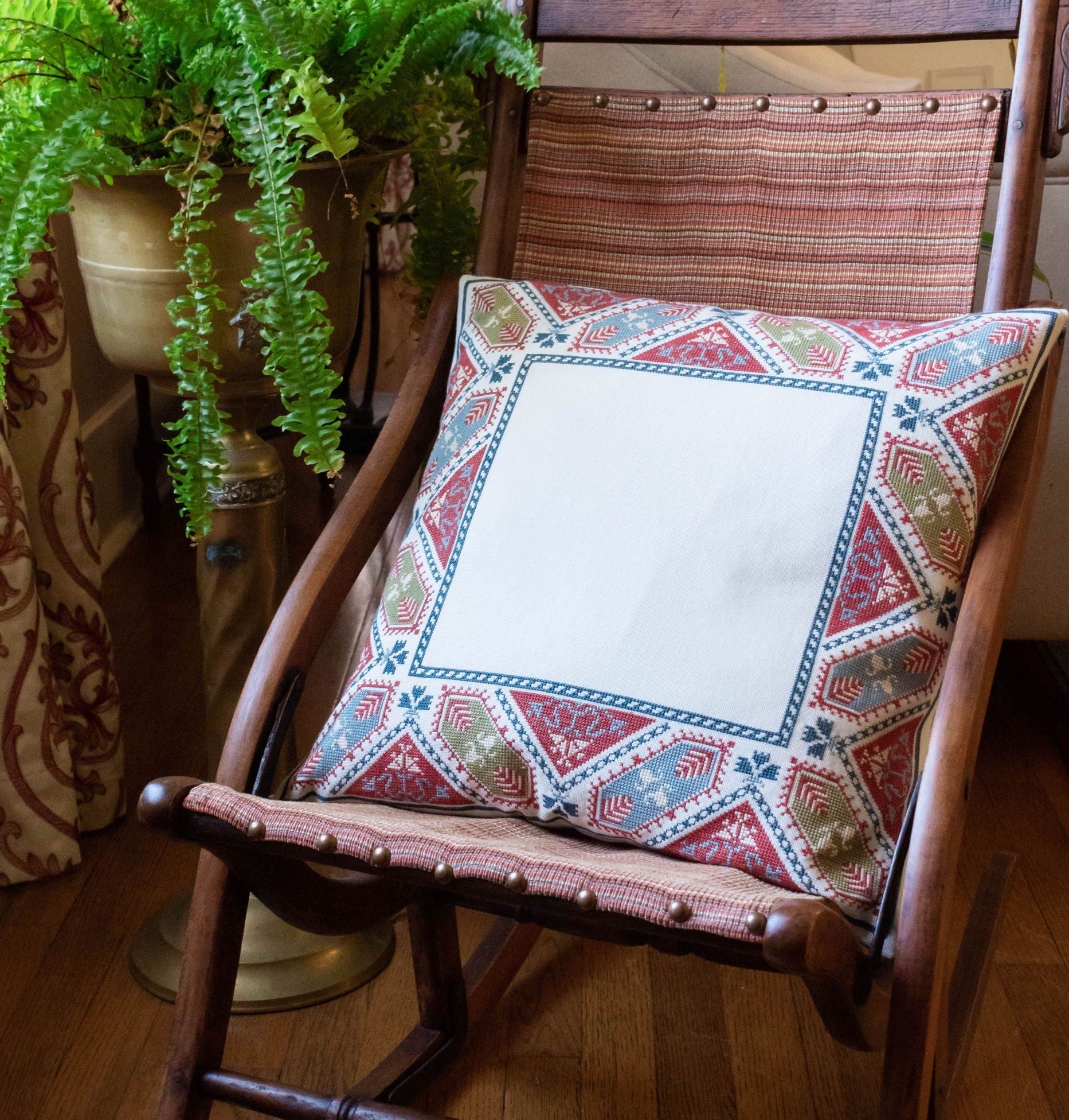 greek folk embroidery cushion with leaf design