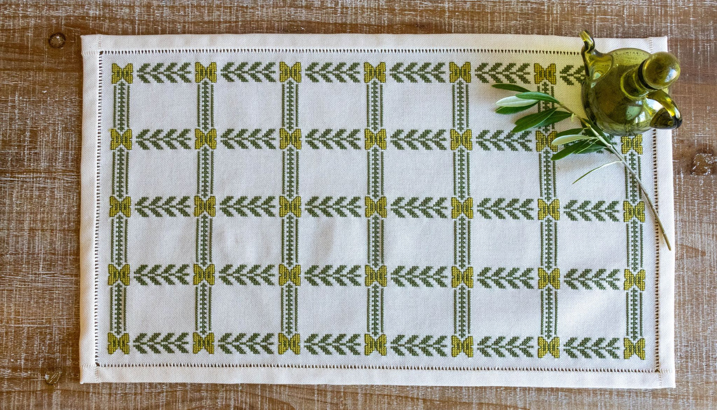 cross stitch folk embroidery with olive branch design