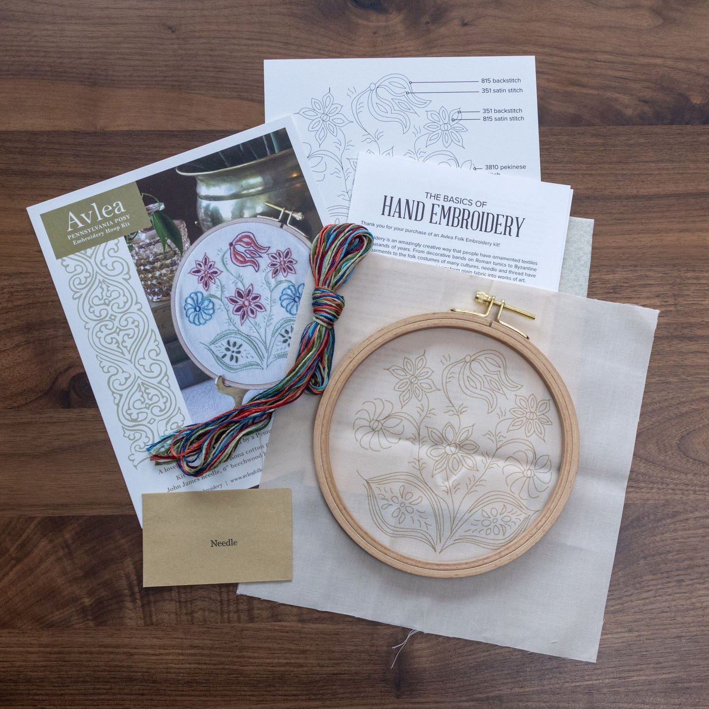 embroidery kit contents laid on table