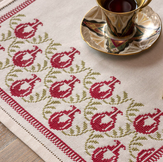 Decorative tablecloth with pomegranate pattern and a cup of tea on a saucer.