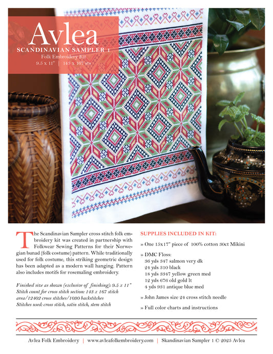 Avlea Scandinavian Sampler embroidery kit with patterned fabric and packaging.