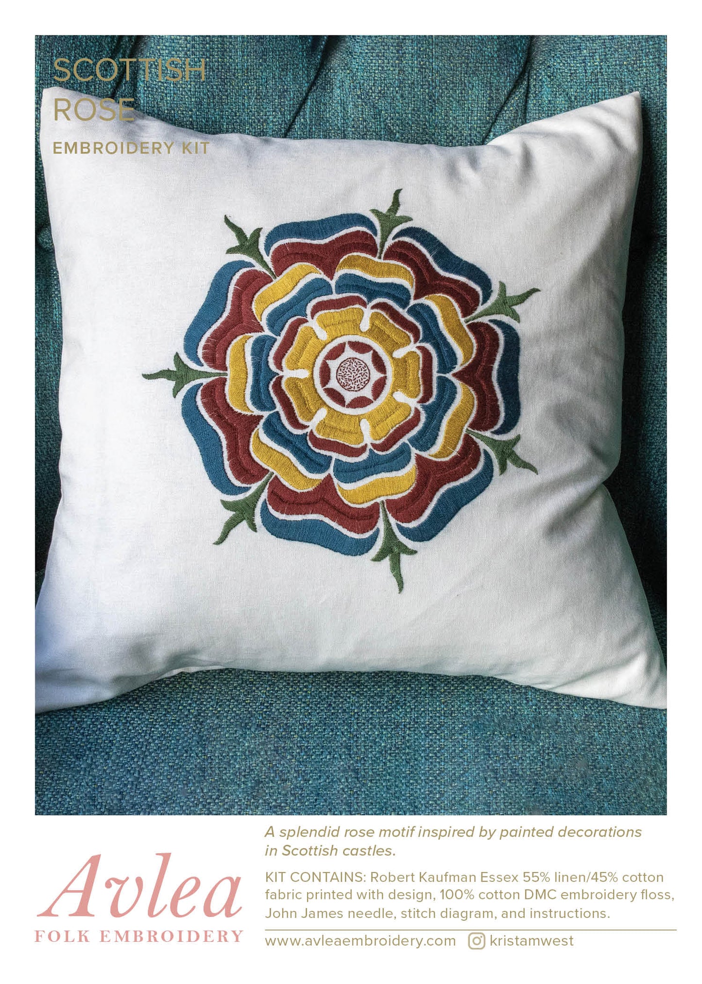 Scottish Rose embroidery cushion kit