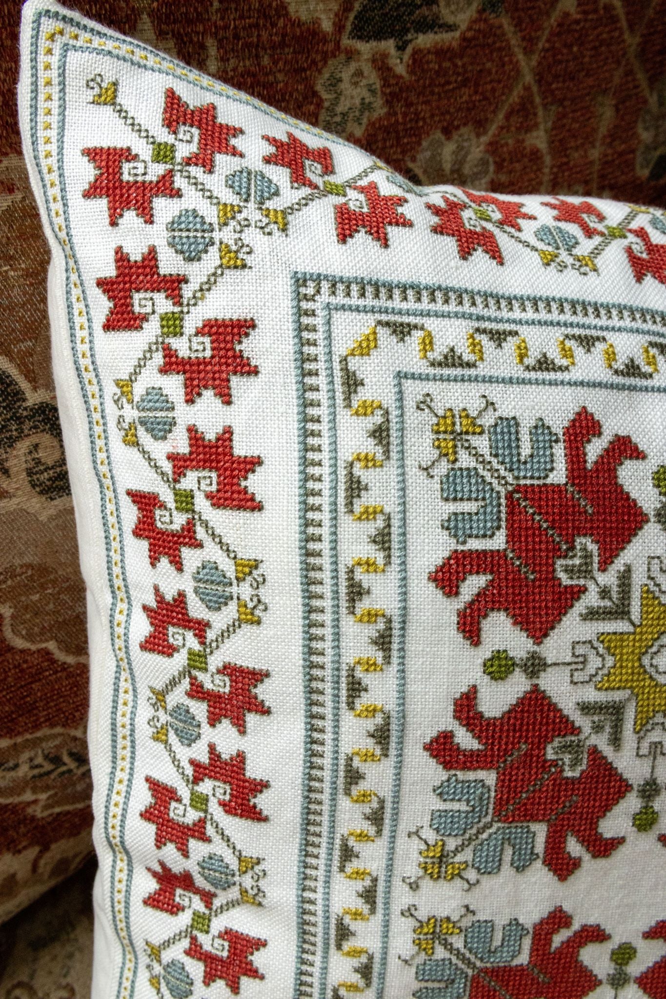 cross stitch folk embroidery cushion with Bulgarian tulip design