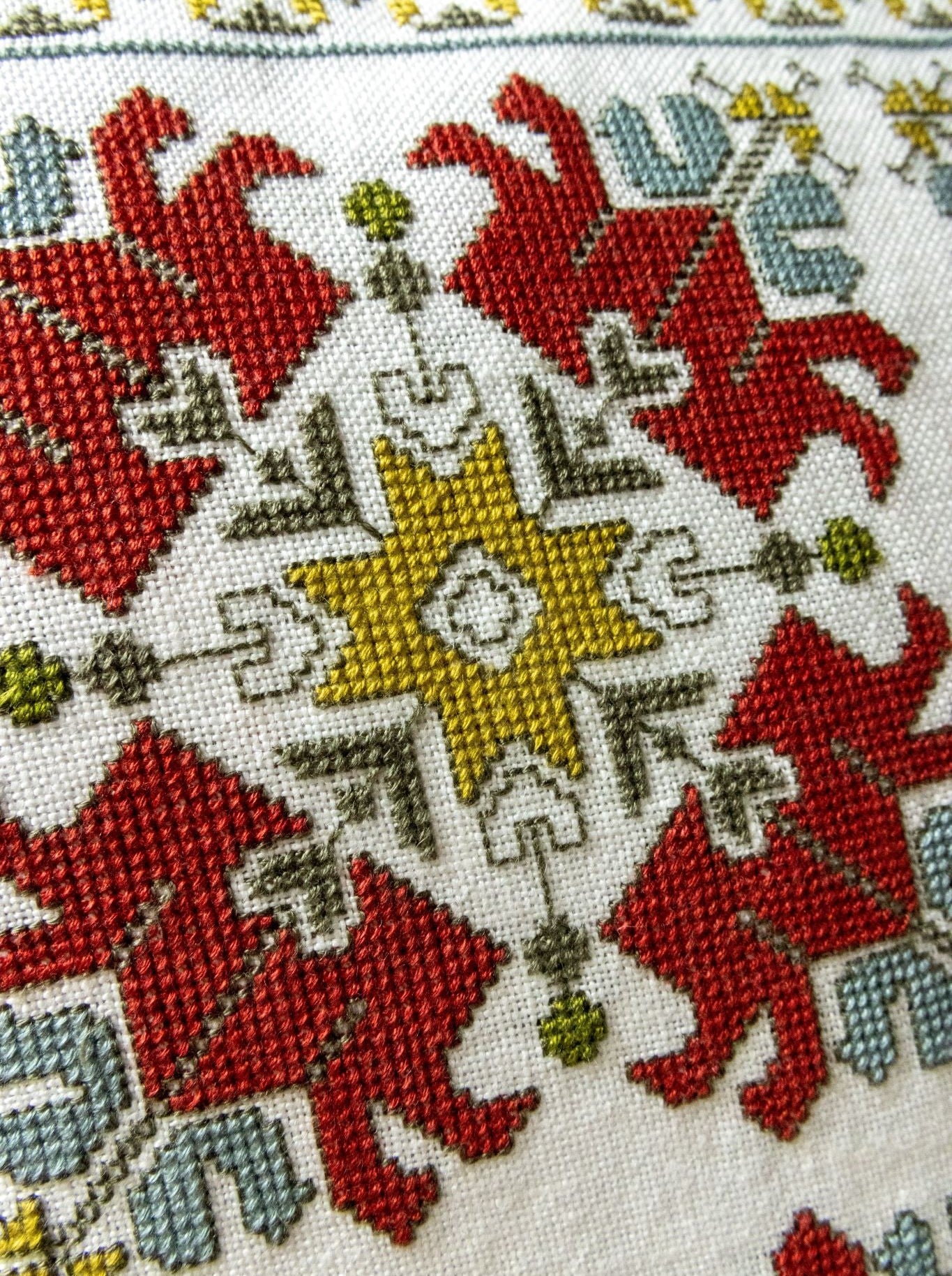 cross stitch folk embroidery cushion with Bulgarian tulip design