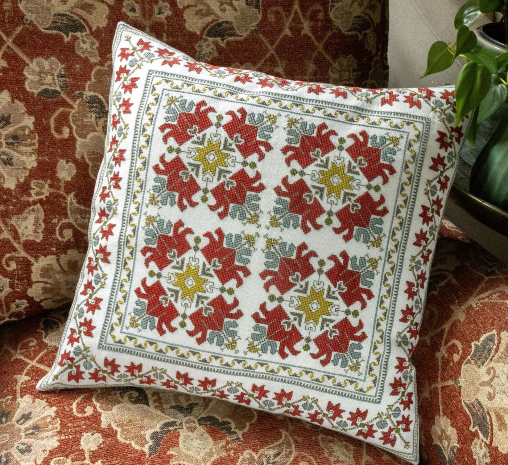 cross stitch folk embroidery cushion with Bulgarian tulip design