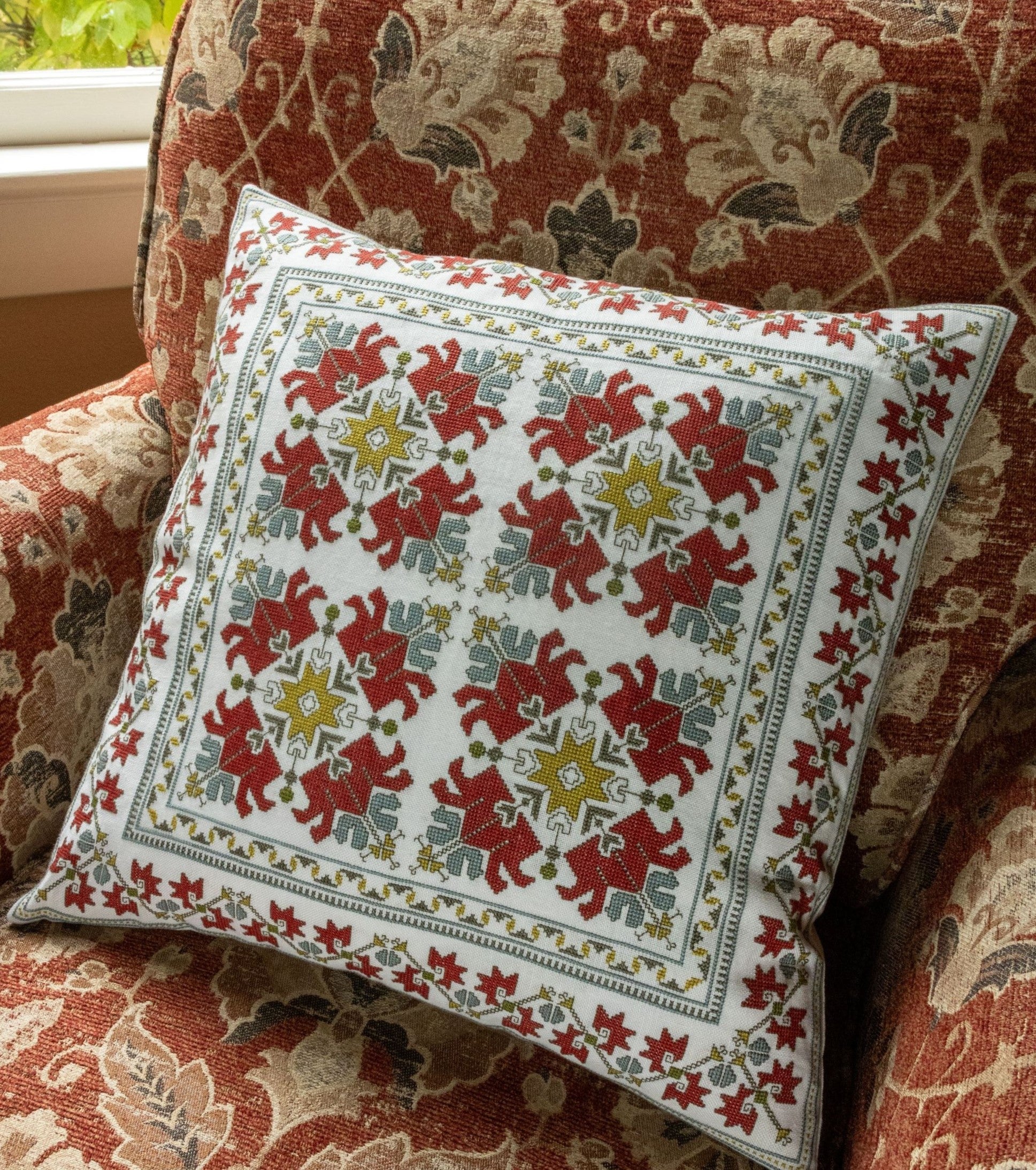 cross stitch folk embroidery cushion with Bulgarian tulip design