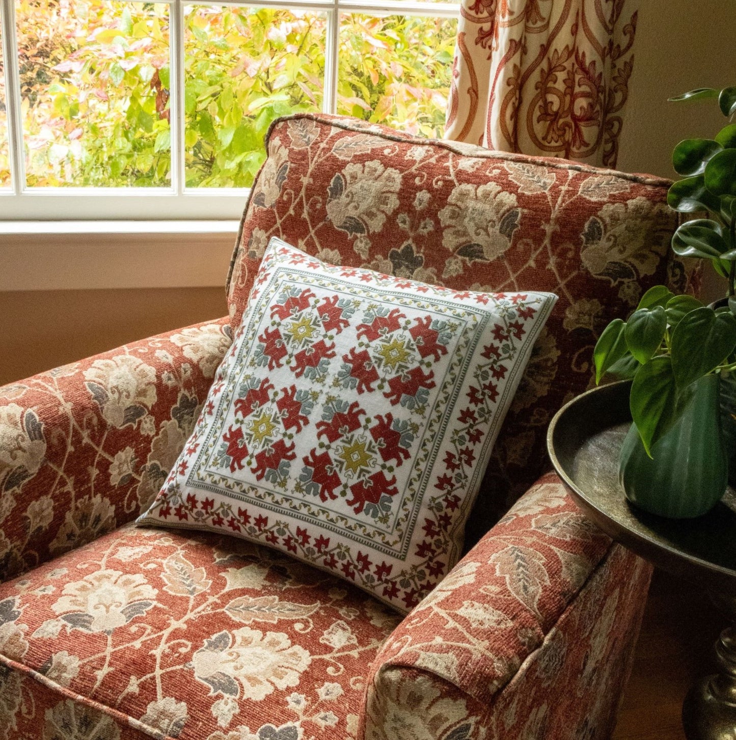 cross stitch folk embroidery cushion with Bulgarian tulip design