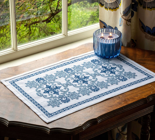 cross stitch folk embroidery table runner with greek blue design