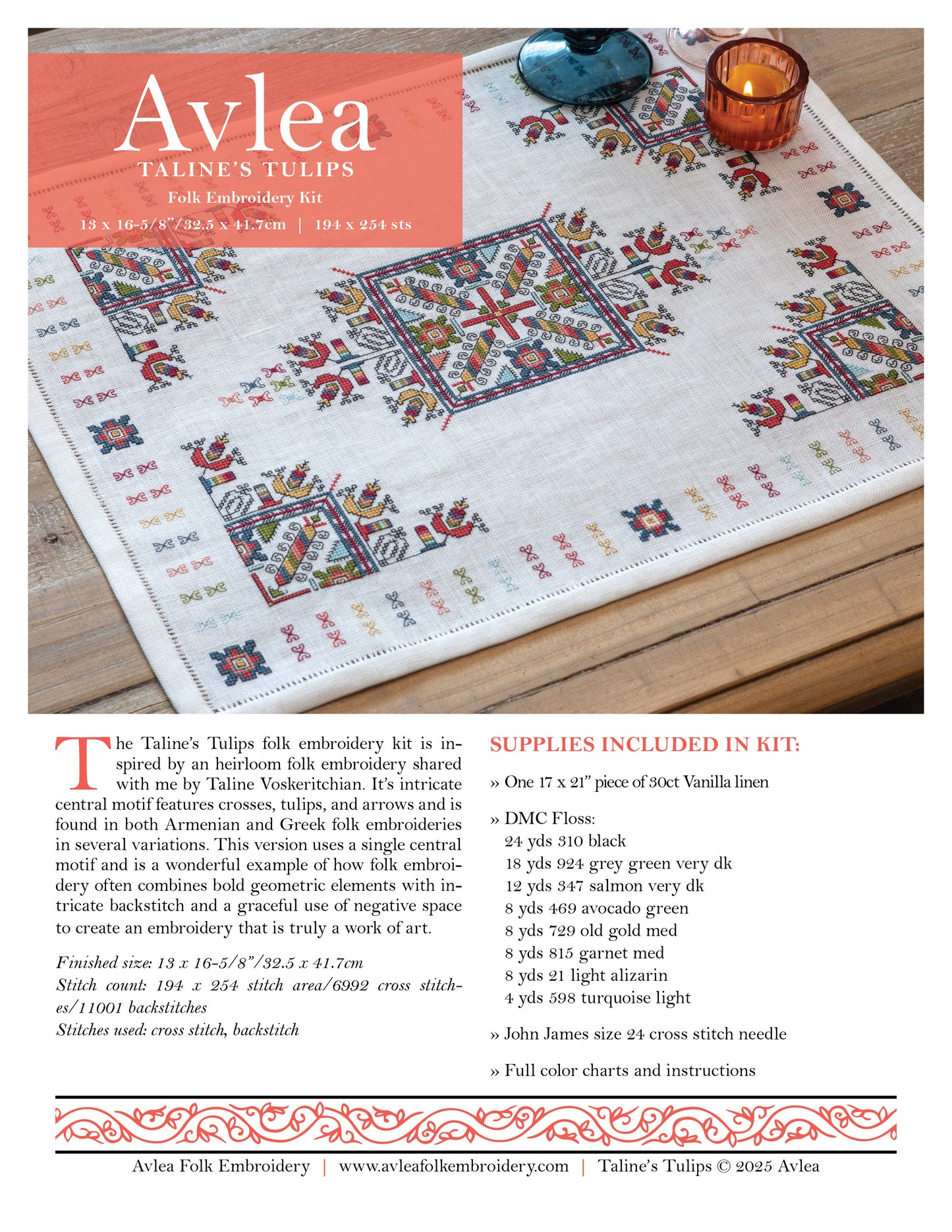 Taline's Tulips Small cross stitch folk embroidery kit