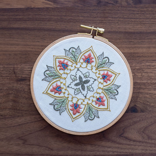 Embroidery hoop with floral pattern on a wooden surface