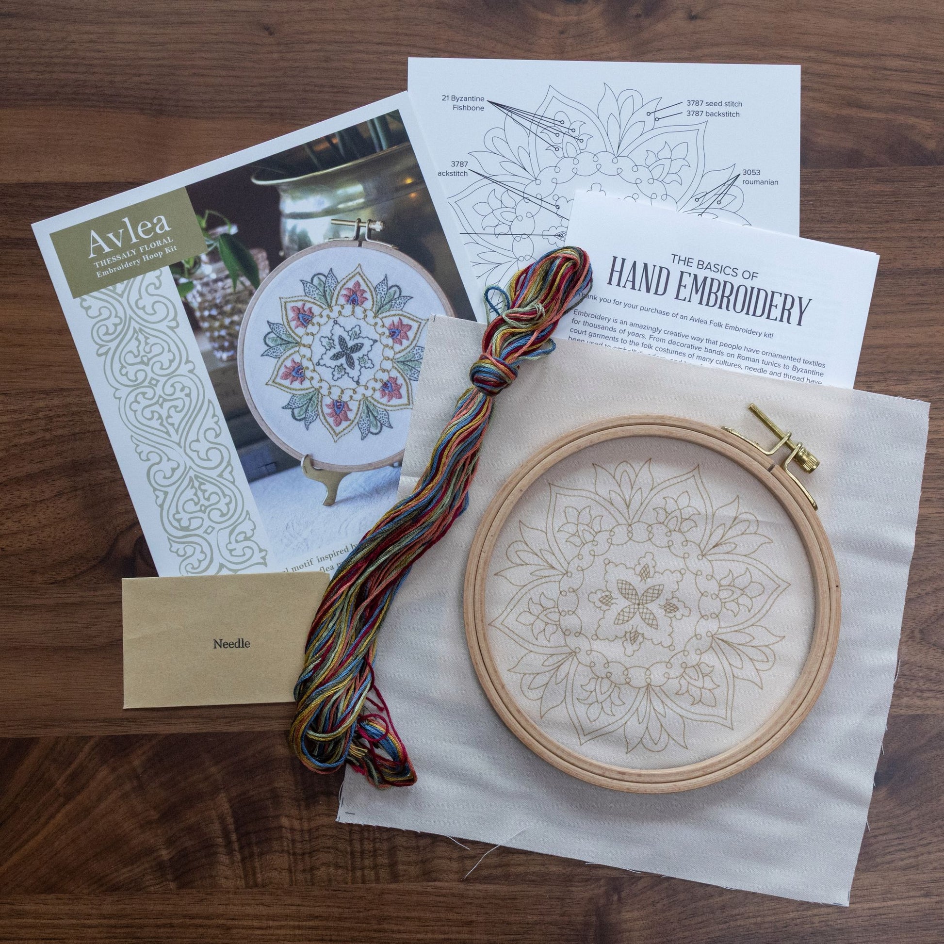 Embroidery hoop with completed design, thread, and instructions on a wooden surface