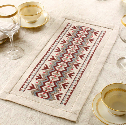 cross stitch folk embroidery table runner with chevron design