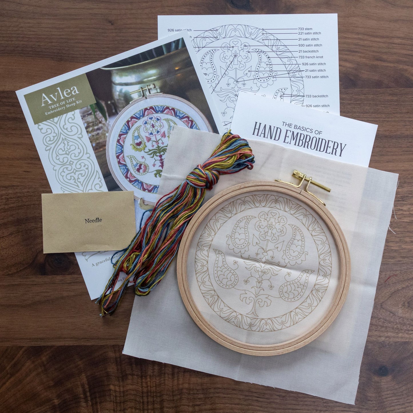 Hand embroidery kit with hoop, thread, and instructions on a wooden surface