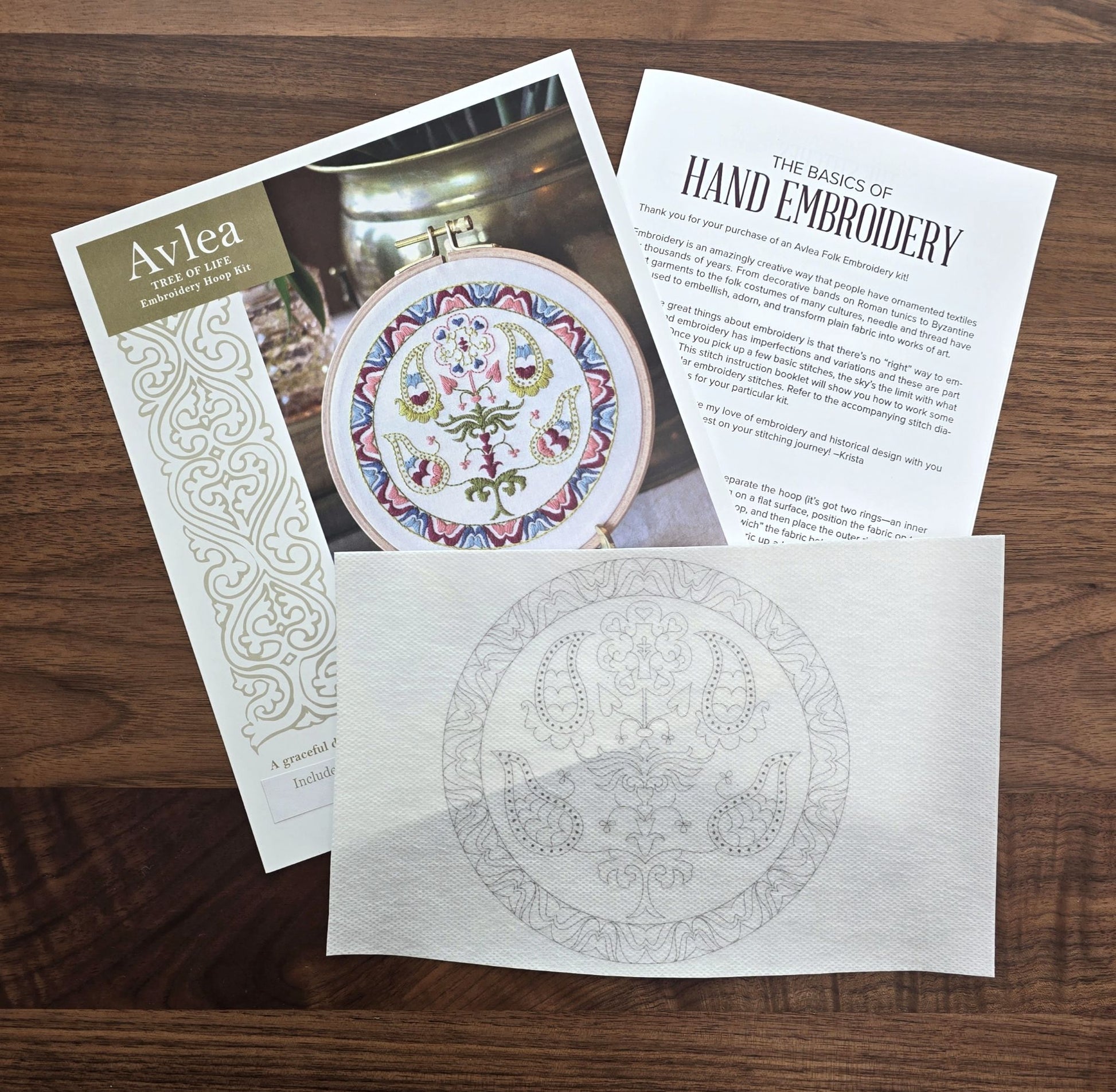 embroidery transfer kit with floral design on wooden table