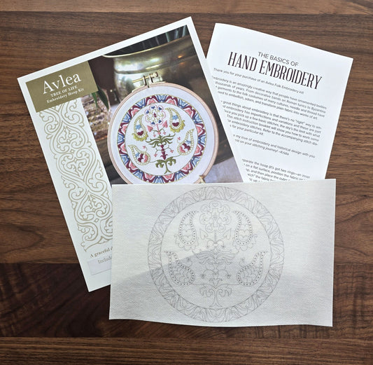 embroidery transfer kit with floral design on wooden table