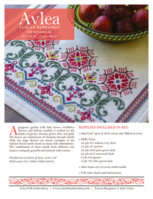 Tuscan Bergamot cross stitch folk embroidery PDF pattern