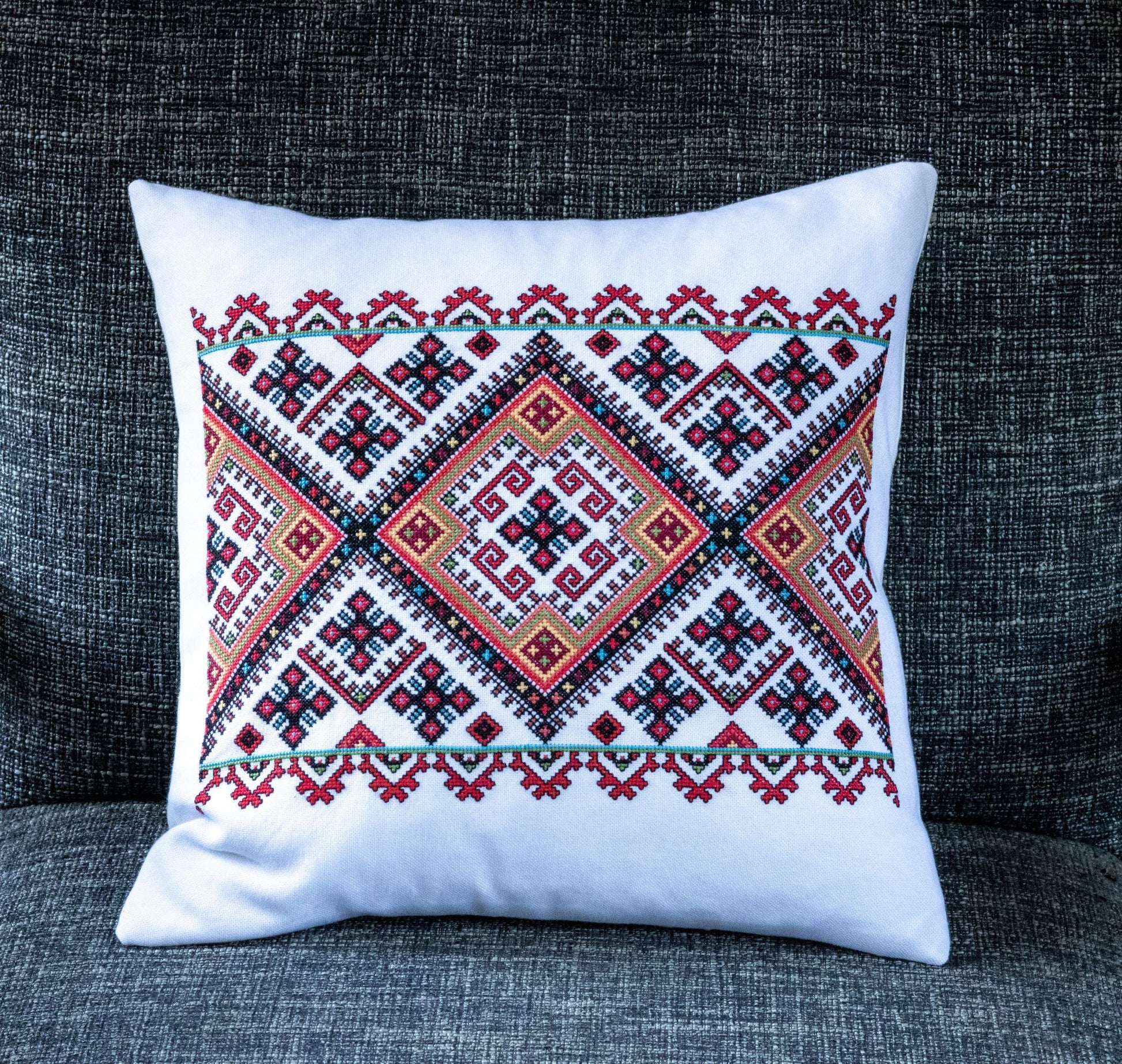 cushion with Ukrainian cross stitch folk embroidery design