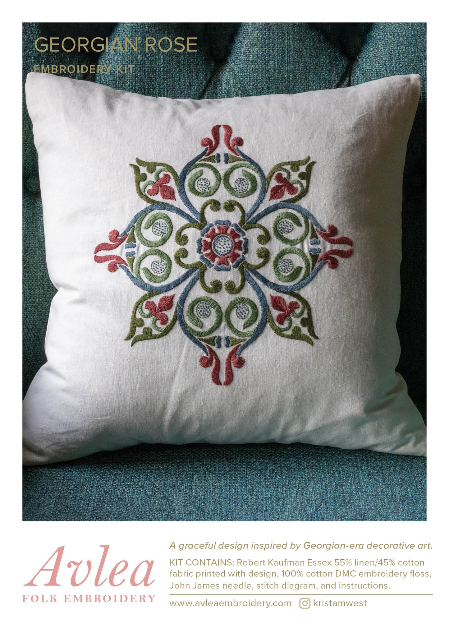 Georgian Rose embroidery cushion kit