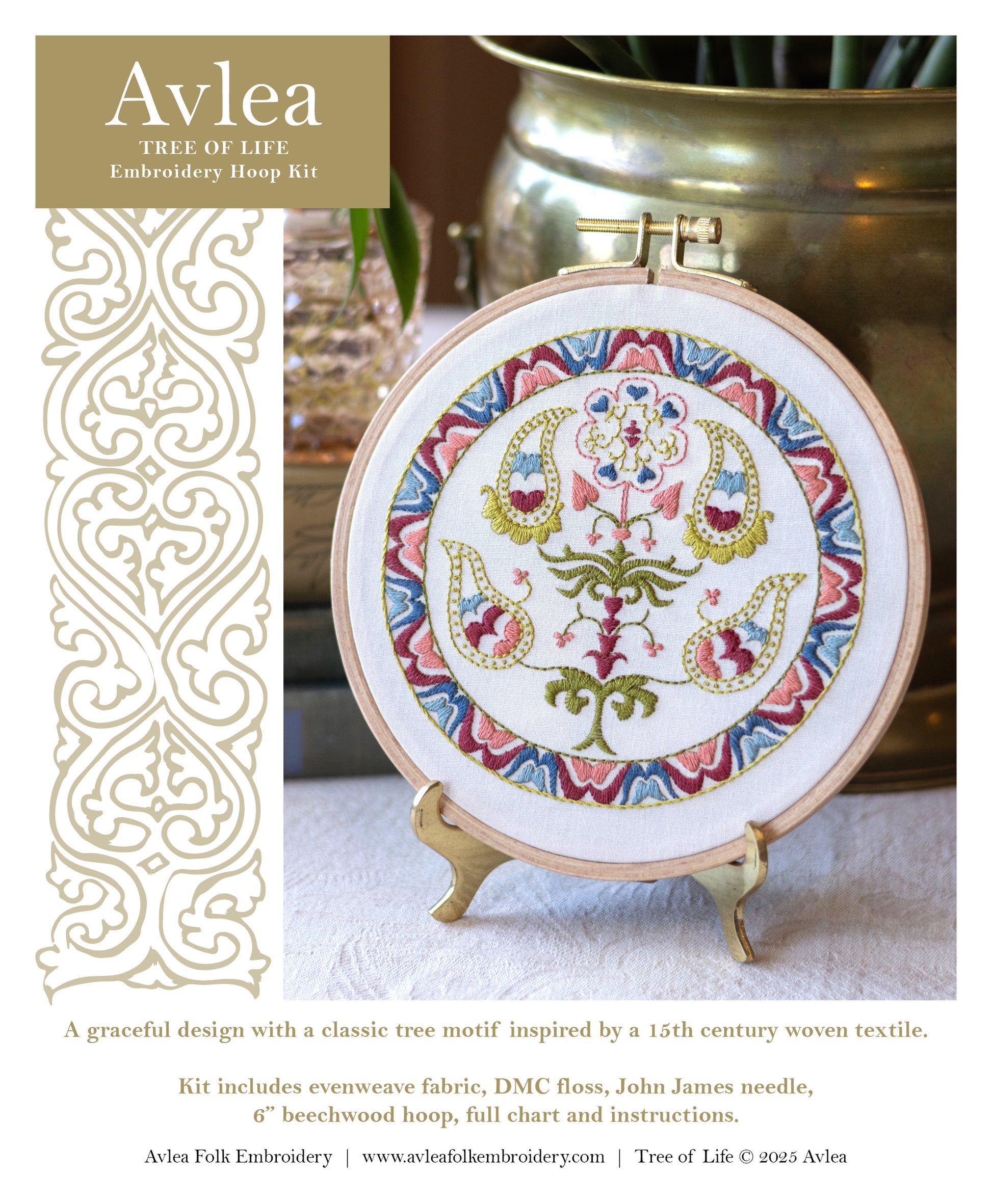 Avlea Tree of Life embroidery hoop kit with completed design on fabric.